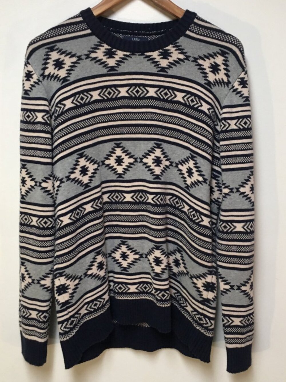 American Rag Men L Sweater Blue Aztec Knit Pullover‎ 100% Cotton Culture Retro